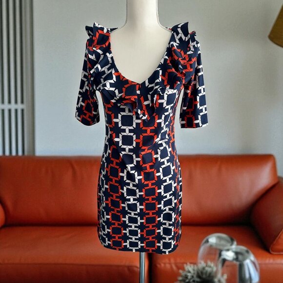 TRACY NEGOSHIAN Orange Navy Blue Ruffle V Neck Dress Size XS - Picture 1 of 8